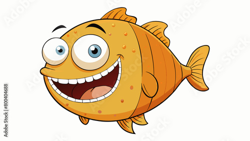 A large round fish with big protruding eyes and a wide toothy grin bobs up and down in the ocean looking comically silly as it searches for its next. Cartoon Vector.
