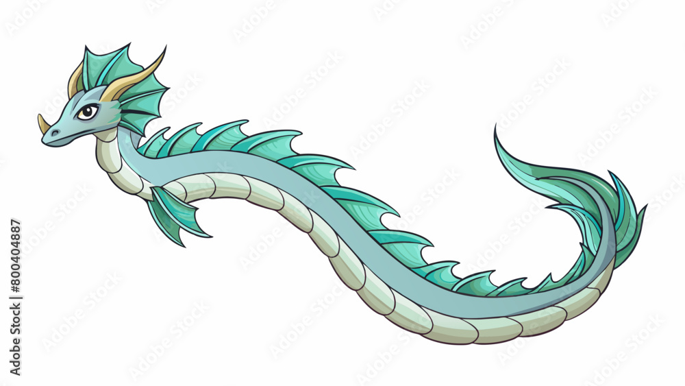 A long sinuous creature with shimmering iridescent scales swims gracefully through the ocean its hypnotic movements captivating all who gaze upon it.. Cartoon Vector.