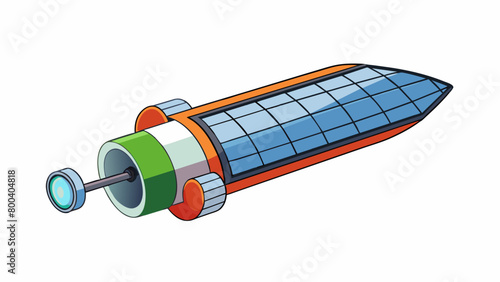 A long cylindrical object resembling a rocket but with solar panels attached. It is traveling at a steady pace and has a small round camera visible on. Cartoon Vector.