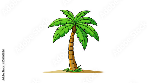 A lone palm tree standing tall on a deserted beach its sy trunk bent at a slight angle as if bowing towards the crystal clear ocean. Its feathery. Cartoon Vector.