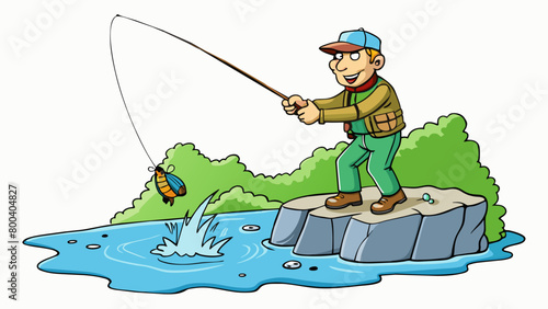 A lone fisherman stands on the rocky shore of a raging river using a fly fishing technique to lure the wild trout to his line. He expertly casts his. Cartoon Vector.