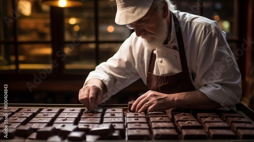 A talented artisan chocolatier is diligently decorating fine chocolates, embodying precision and care within the kitchen