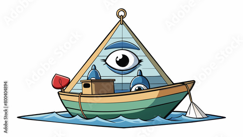 A looming shadow beneath a fishing boat its enormous triangular head with huge unblinking eyes visible just beneath the surface.  on white. Cartoon Vector.
