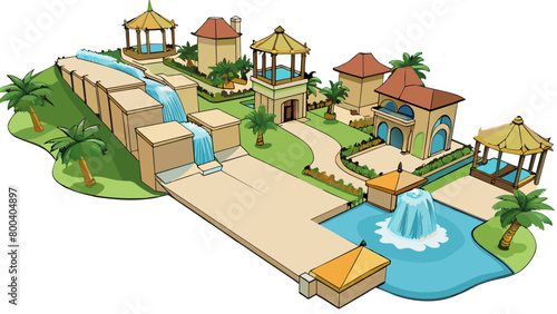 A luxurious oasis resort complete with palm treelined pathways luxurious cabanas and a rock waterfall cascading into a luxurious pool. The resort. Cartoon Vector.