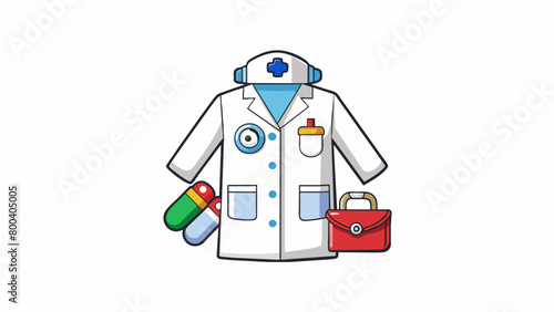 A mini white lab coat with a velcro closure complete with a toy name badge and pockets holding a toy first aid kit a toy mask and a toy hand sanitizer. Cartoon Vector.