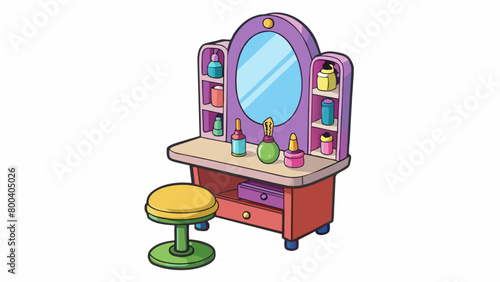 A mini salon station that includes a mirror chair and shelf filled with pretend hair products for hours of imaginative play and experimentation. . Cartoon Vector.