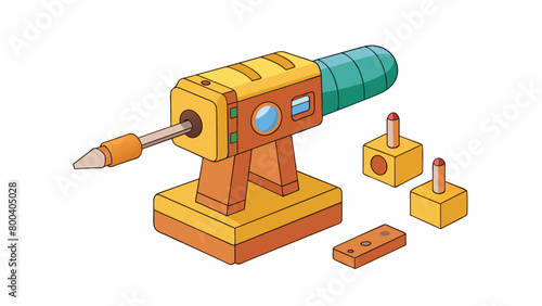 A mini toy tool set featuring a drill level and chisel. The tools are constructed of durable wood and painted in vibrant colors. The drill has a. Cartoon Vector.
