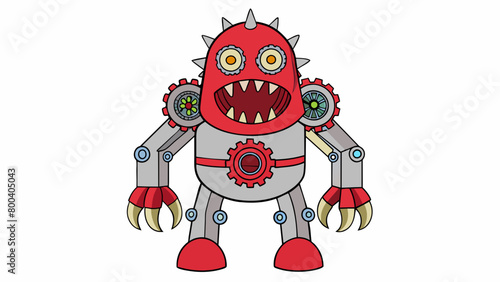 A mechanical monstrosity with gears whirring and steam hissing from its joints its clunky metal form standing a head above any human. Its glowing red. Cartoon Vector.
