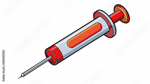 A miniature plastic syringe that can be filled with water a red plunger to push it out and a clear plastic tube for pretend injections.  on white. Cartoon Vector.