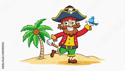 A mischievous Pirate dressed in mismatched clothes and a tricorne hat dances a jig on the beach while his parrot perches on his shoulder.  on white. Cartoon Vector.