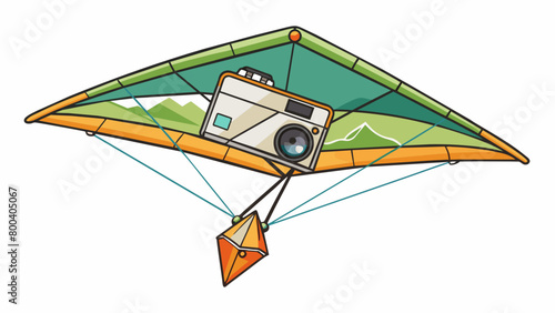 A modern hightech kite equipped with a builtin camera capturing stunning aerial shots of the landscape below.  on white background . Cartoon Vector.