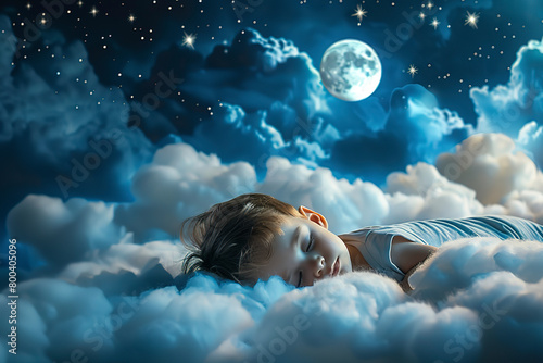 Little boy sleeping on clouds in bed, night sky with moon and stars background, concept of good sleep for children
