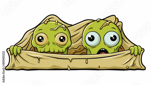 A pair of lifeless eyes peering out from behind a tattered veil with decaying skin stretched tight over a gaunt frame. The smell of embalming fluids. Cartoon Vector.