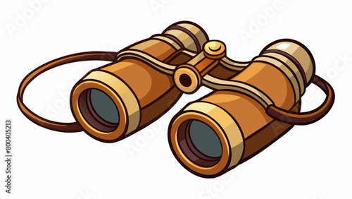 A pair of traditional binoculars with a classic leather s connecting them. The eyepieces have a twistup design allowing for easy adjustments for users. Cartoon Vector.