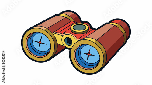 A pair of compact binoculars with a builtin compass on top. The body is made of aluminum for a sy yet lightweight feel. The lenses have a ruby coating. Cartoon Vector.