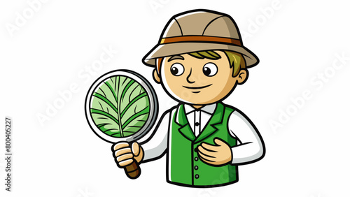 A paleontologist holding up a rock containing an imprint from a prehistoric plant. The imprint is a dark green color and shows intricate details of. Cartoon Vector.
