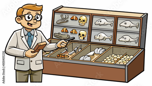 A paleontologist examining a collection of fossils in a laboratory. The fossils are carefully organized in trays and display cases with labels. Cartoon Vector.