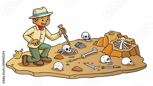 A paleontologist kneeling in a dirt excavation site carefully cataloging and labeling different types of fossils. The site is full of various sized. Cartoon Vector.