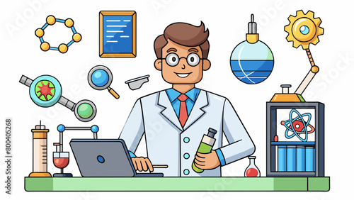 A physicist is a visionary who explores the frontiers of science and technology. They work on tingedge research to develop new materials inventions. Cartoon Vector.