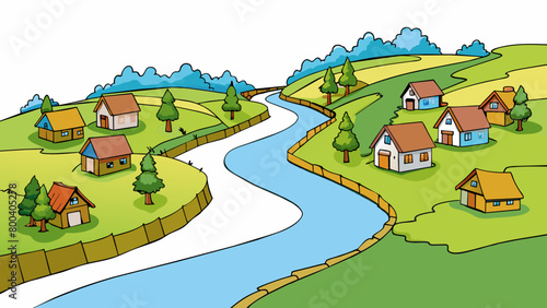 A peaceful river running through a verdant valley lined with quaint wooden houses and sprawling farms.  on white background . Cartoon Vector.