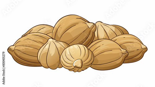 A pile of crinkly paperthin shells with tiny openings at one end. Inside each shell is a smooth tancolored nut with a pointed tip and a deep crease. Cartoon Vector. photo