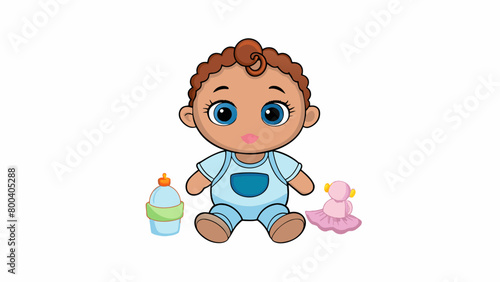 A plastic baby doll with lifelike features including soft skin and a head of curly brown hair. It comes with a set of realistic baby clothes and. Cartoon Vector.