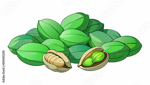 A pile of variously sized nuts all with a dark green inner shell and light green outer shell. Some are whole and intact while others have been cracked. Cartoon Vector.