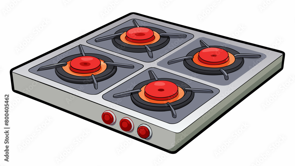 Fototapeta premium A realisticlooking stovetop with four burners illuminated with red LED lights when turned on. on white background . Cartoon Vector.