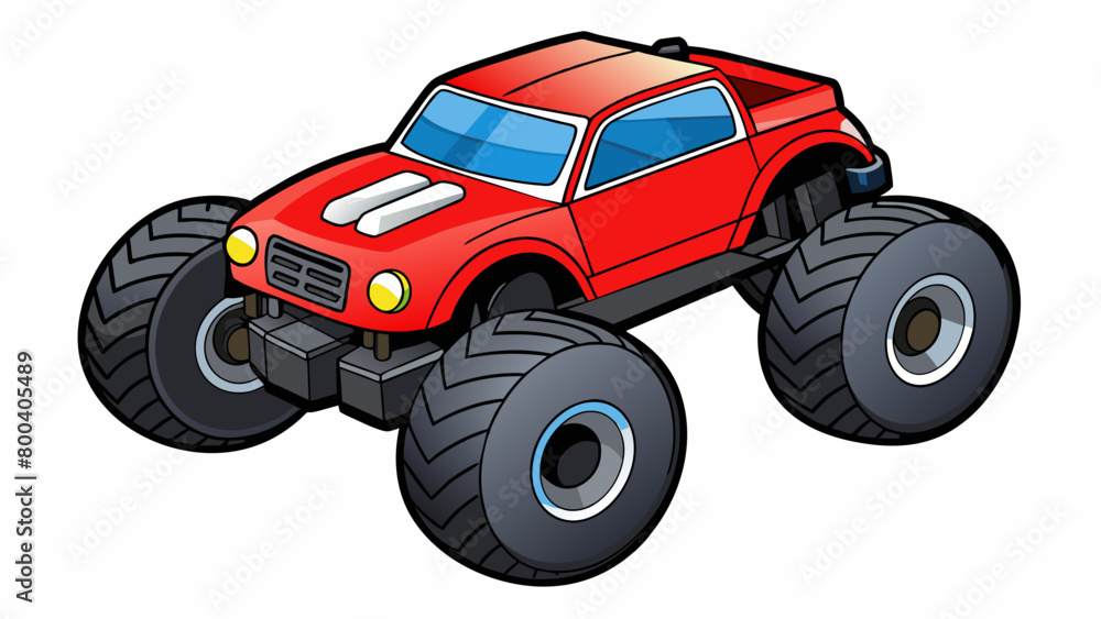 A red and black monster truck remote control car with large treaded wheels and a sy suspension system. It is capable of climbing over obstacles and. Cartoon Vector.