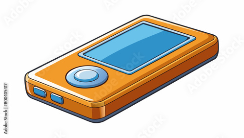 A portable music player with a smooth touchscreen interface. Its body is slim and lightweight with a shiny metallic finish and a single circular. Cartoon Vector.