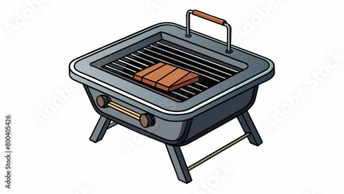 A portable charcoal grill with a sleek rectangular design and sy cast iron cooking grates. Its lid has a heatresistant handle and adjustable air vents. Cartoon Vector.