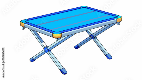 A portable and compact folding table with a vibrant blue plastic top and durable aluminum frame. Its legs can be adjusted to three different heights. Cartoon Vector.