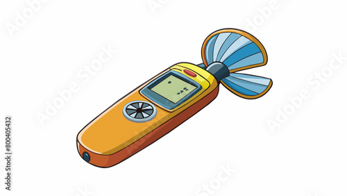 A portable handheld device with a small propeller at one end and a digital display at the other end. The propeller spins faster as the wind speed. Cartoon Vector.