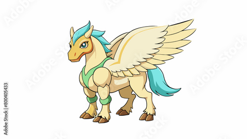 A powerful steed with a strong muscular body and majestic wings that span wide. Its ivorycolored coat is contrasted by vibrant iridescent markings. Cartoon Vector.