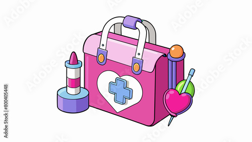 A pretend doctors kit featuring a pink and purple medical bag with a pink heart on the front filled with a toy reflex hammer a toy pressure cuff a toy. Cartoon Vector.