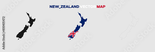 New_Zealand Map Vector Pack. Map with Flag. Gray Map Silhouette. Gray Outline Map. Editable EPS file. 