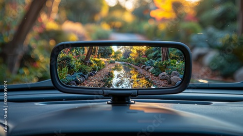 Adjustment of the rear-view mirror to the windshield's perspective.