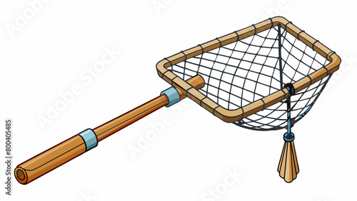 A rectangularshaped fishing net with a wooden frame and thin flexible threads woven in a crisscross pattern. The net is equipped with floats on the. Cartoon Vector.