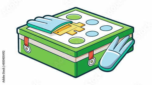 A rectangular box with a green lid containing triangular bandages sterile cotton balls pairs of disposable gloves and a first aid guide booklet. . Cartoon Vector.