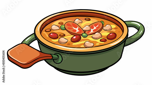 A rustic and hearty ham and bean soup bubbling in a large pot on the stove. Chunks of ham hock are submerged in a thick and creamy broth along with. Cartoon Vector.