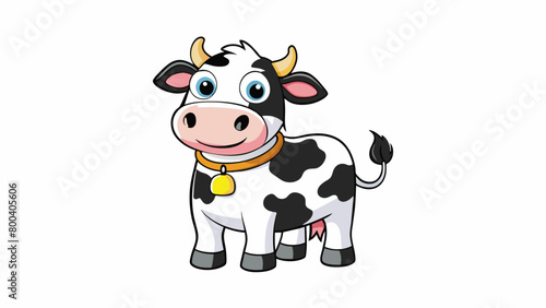 A rubbery black and white cow with a bell around its neck. It has big soulful brown eyes and a pink squishy nose. The cows body is covered in distinct. Cartoon Vector.