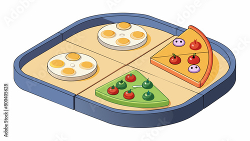 A set of plastic pizza slices with removable toppings and a pizza ter. Each slice has a different topping such as mushrooms pepperoni and peppers for. Cartoon Vector.