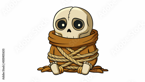 A set of brittle bones bound together with ropes and twine covered in a tattered robe. The skeleton remains eerily motionless yet seems to be watching. Cartoon Vector.