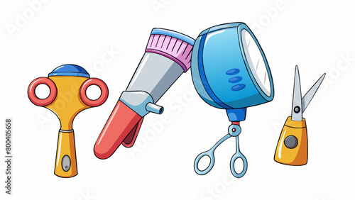 A set of realisticlooking plastic scissors and hair clippers complete with a pretend hairdryer and a smock to keep clothes clean during playtime. . Cartoon Vector.