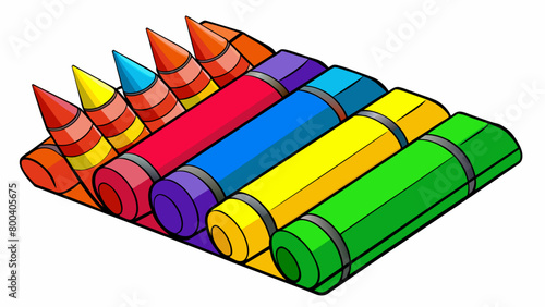 A set of thick chunky crayons in bold primary colors ideal for little hands to grip and create with. Their paper labels have been rep with vibrant. Cartoon Vector.