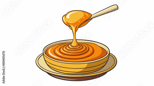 A sful of deep amber liquid slowly dripping into a bowl of pancake batter adding a sweet and fragrant depth to the mixture.  on white background . Cartoon Vector.