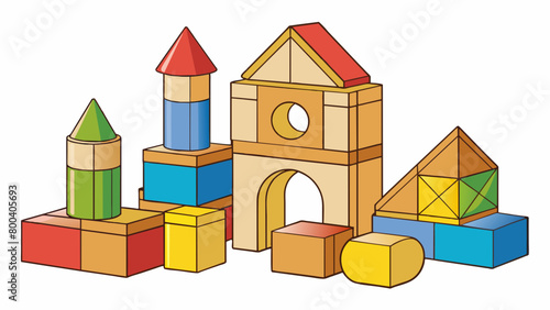 A set of wooden building blocks in different shapes and sizes with a smooth and polished surface. They are lightweight yet sy encouraging creativity. Cartoon Vector.