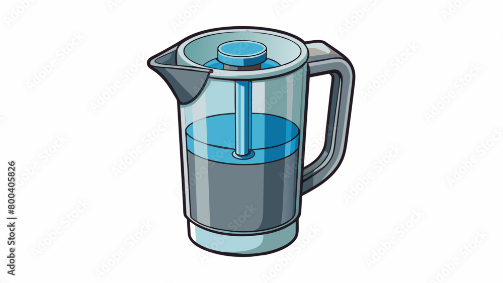 A sleek stainless steel water pitcher with a builtin filter cartridge. Water can be poured into the top compartment and as it slowly drips through the. Cartoon Vector. A sleek stainless steel water pitcher with a builtin filter cartridge. Water can be poured into the top compartment and as it slowly drips through the. Cartoon Vector.