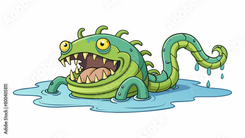 A slimy multiheaded creature lurks in the shallows its sharp teeth glinting in the sun as it snaps at anything that moves. Its skin is covered in ly. Cartoon Vector.
