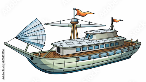 A sleek modern ship made of metal and powered by wind and technology. Its sails are made of a shiny durable fabric and the deck is lined with. Cartoon Vector.